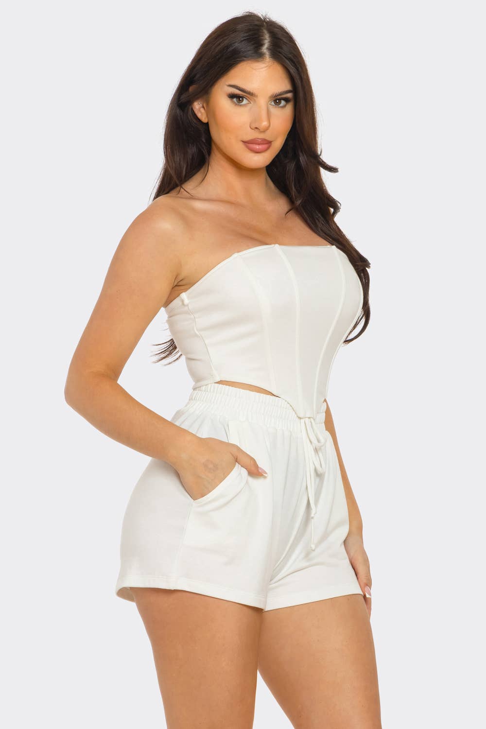 Boned Bodice Corset Style Tube Top And Shorts Set