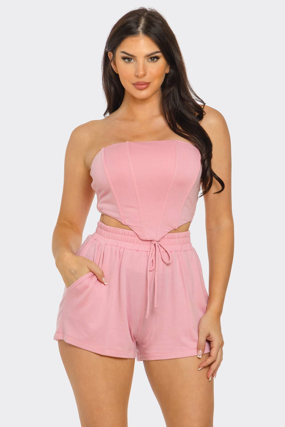 Boned Bodice Corset Style Tube Top And Shorts Set