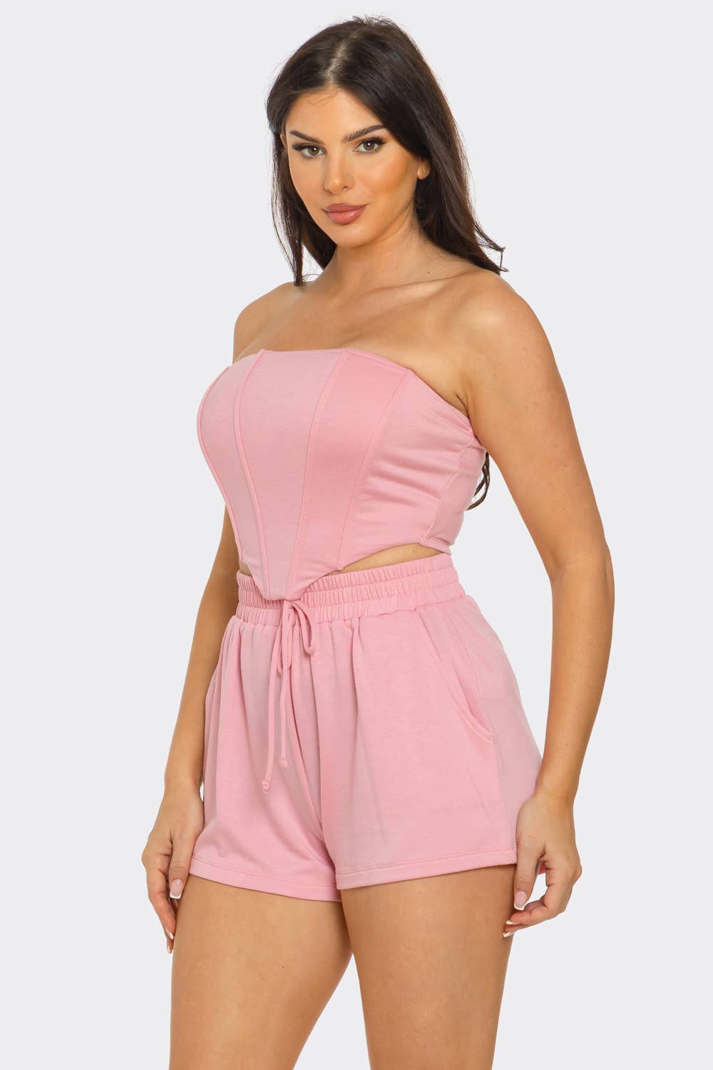 Boned Bodice Corset Style Tube Top And Shorts Set