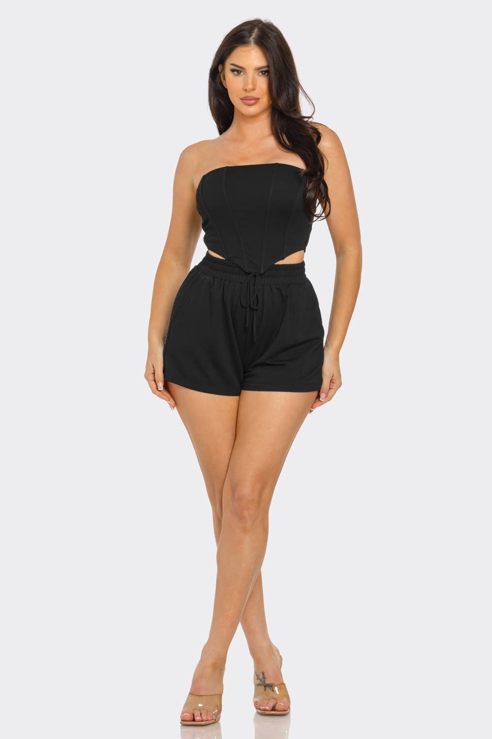 Boned Bodice Corset Style Tube Top And Shorts Set