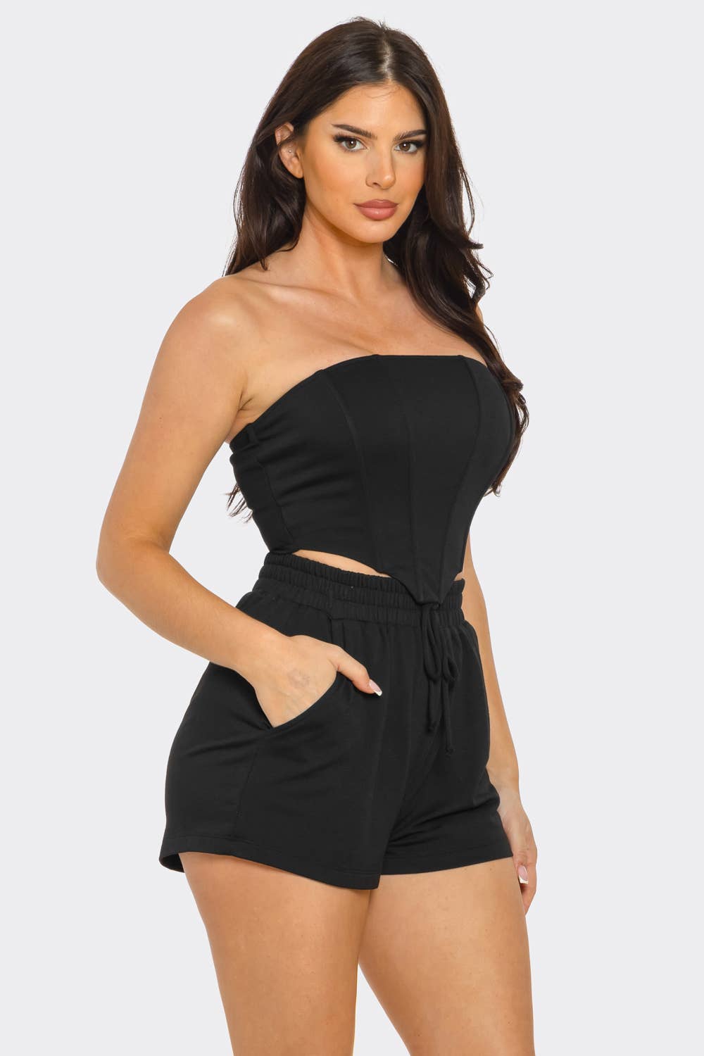 Boned Bodice Corset Style Tube Top And Shorts Set